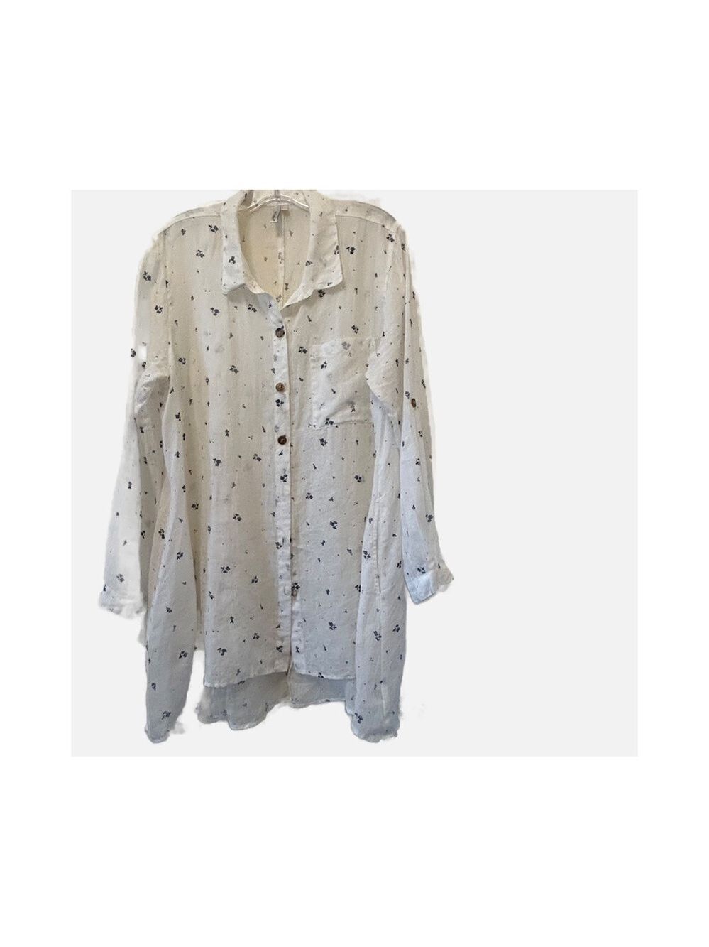 Kleen 100% Ramie Button Down Long Sleeve Shirt Blue White Tunic Womens M Pockets